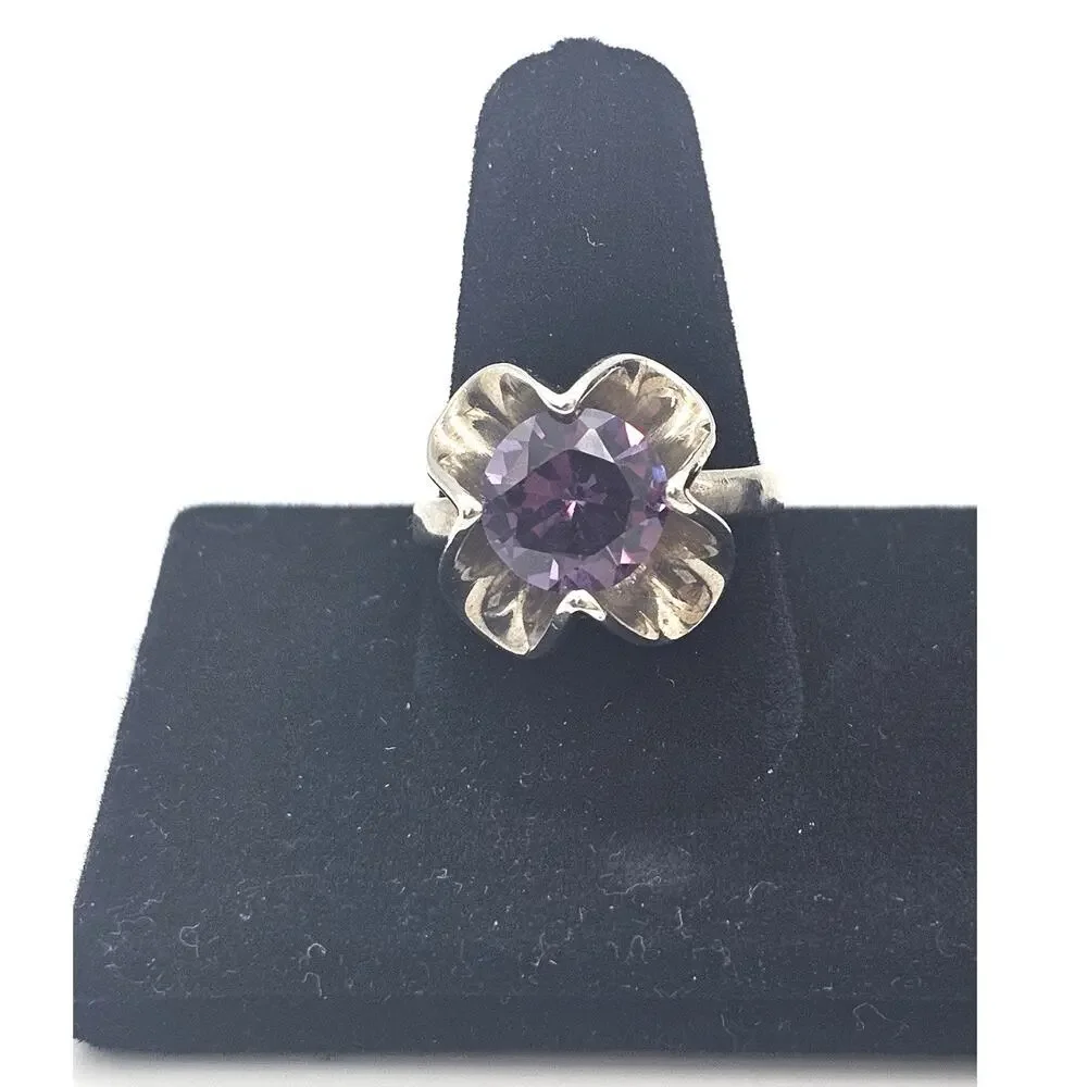 Vintage Estate Sterling Silver Mexico JS Purple Sapphire Cocktail Ring Size 8